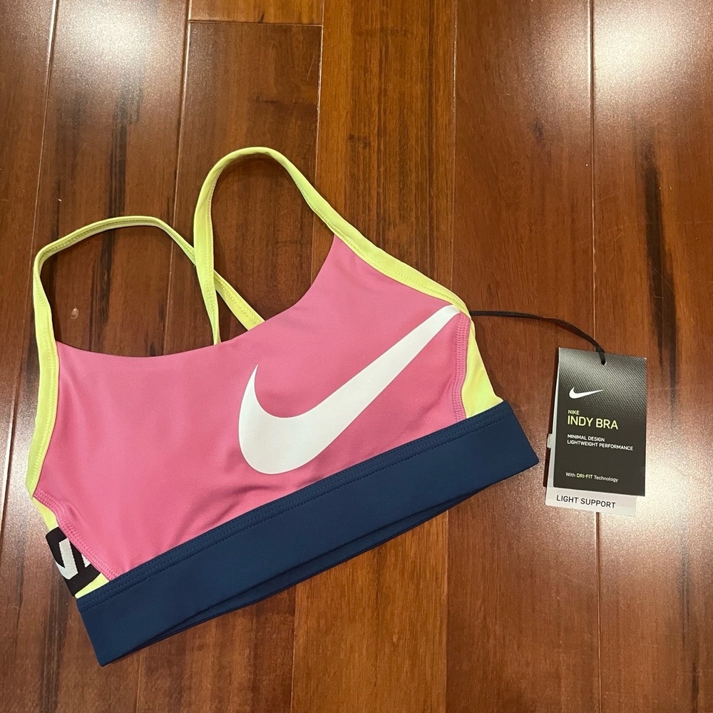 New NWT Nike Indy Sports Bra Pink Yellow Dri-Fit Light Support Athletic Size XS